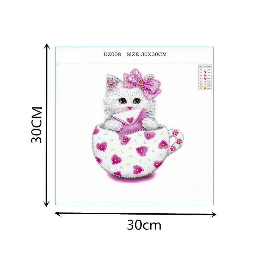 Craspire DIY Square Cat in the Cup Theme Diamond Painting Kits, Including Canvas, Resin Rhinestones, Diamond Sticky Pen, Tray Plate and Glue Clay, Heart Pattern, 300x300mm, 2Set/Pack