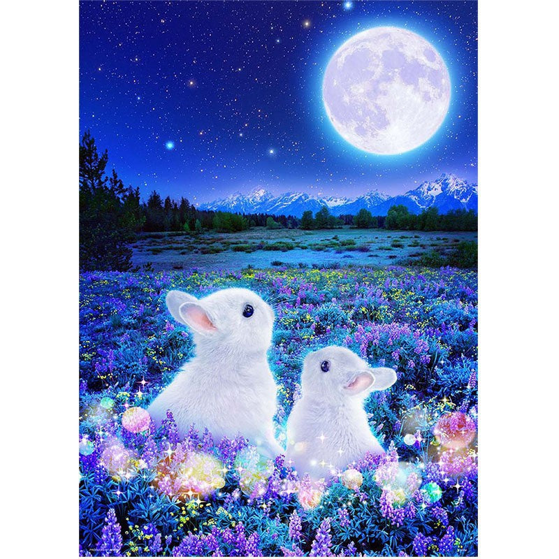 Craspire DIY Rectangle Rabbit Theme Diamond Painting Kits, Including Canvas, Resin Rhinestones, Diamond Sticky Pen, Tray Plate and Glue Clay, Rabbits in the Moon Night, Blue, 400x300mm, 2Set/Pack